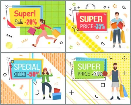 Set of illustrations on the theme of special offer and discounts. People are Stock Illustration