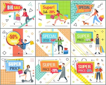 Set of illustrations on the theme of special offer and discounts. People are Stock Illustration