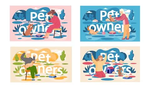 Set of illustrations on the theme of spending time with animals. Pet owners Stock Illustration