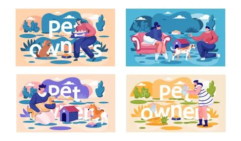 A set of illustrations on the topic of feeding and playing with pets. People Stock Illustration