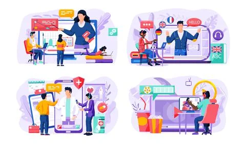 A set of illustrations on the topic of online learning. Video lessons of English Stock Illustration