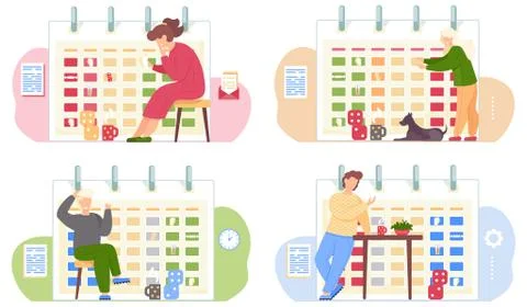 A set of illustrations on the topic of planning charts. People are sitting with Illustrazione stock