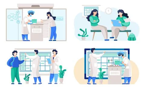 Set of illustrations on the topic of planning a working day in the lab. People Stock Illustration
