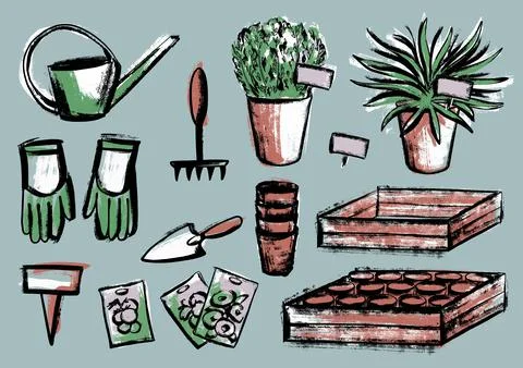 A set of illustrations on the topic of planting plants. A tool with seedlings Stock Illustration