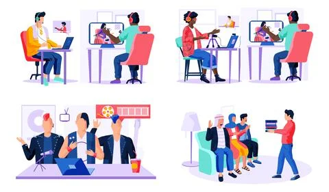 Set of illustrations on the topic of processing a track on a computer. People Stock Illustration