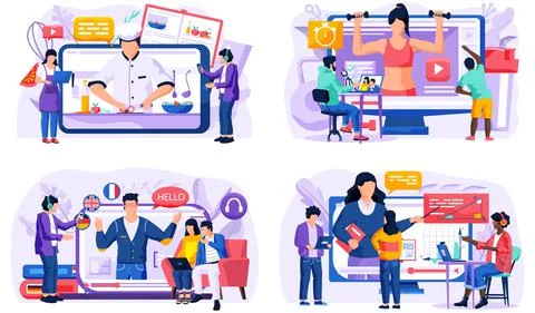 Set of illustrations on the topic of studying via the Internet. Video lessons of Stock Illustration