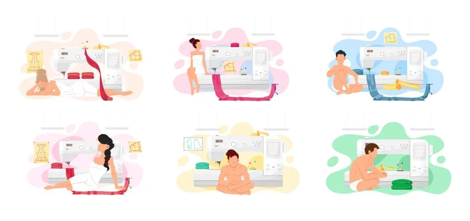 Set of illustrations on topic of tailoring to order with sewing machine. People イラスト素材