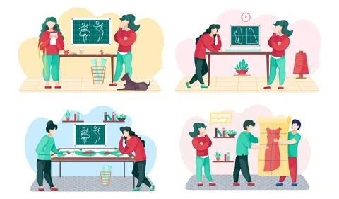 Set of illustrations on the topic of work with a pattern. Girls in studio work Stockillustratie