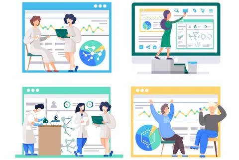 Set of illustrations on the topic of work with technologies and statistics Stock Illustration