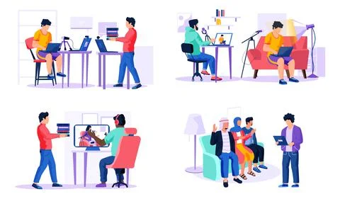 Set of illustrations on the topic of working in a recording studio. Guys with イラスト素材