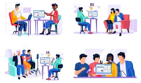 Set of illustrations on the topic of working with statistics in a recording Stock Illustration