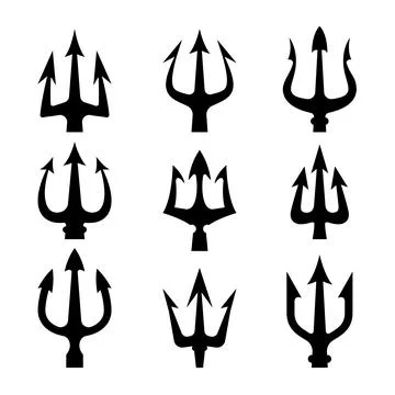 Set of illustrations of trident. Neptune trident. Design element for logo, .. Stock Illustration