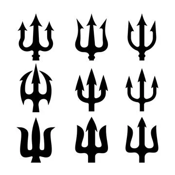 Set of illustrations of trident. Neptune trident. Design element for logo, .. Stock Illustration