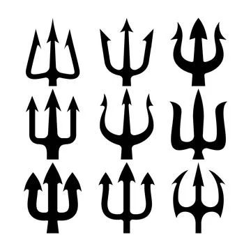 Set of illustrations of trident. Neptune trident. Design element for logo, .. Stock Illustration