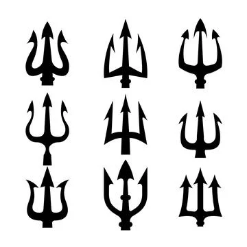 Set of illustrations of trident. Neptune trident. Design element for logo, .. Stock Illustration
