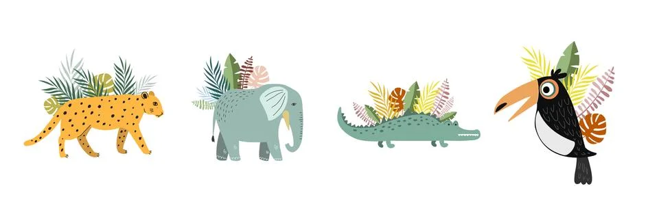 Set of illustrations with tropical animals. Vector color illustration in cart Stock Illustration