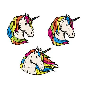 Set of illustrations of unicorn head. Design elements for logo, emblem, sig.. Stock Illustration