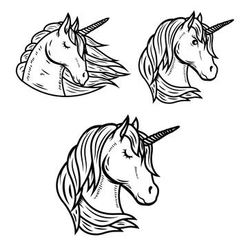 Set of illustrations of unicorn head. Design elements for logo, emblem, sig.. Stock Illustration