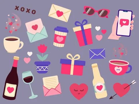 Set of illustrations. Valentine's day. Cute holiday elements. Vector illust.. Illustrazione stock