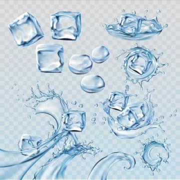 Set illustrations water splashes and flows with ice cubes Illustrazione stock