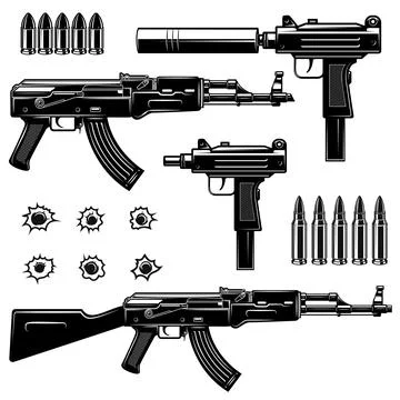 Set of illustrations of weapon.Uzi submachine gun, ak-47. Design element for  Stock Illustration