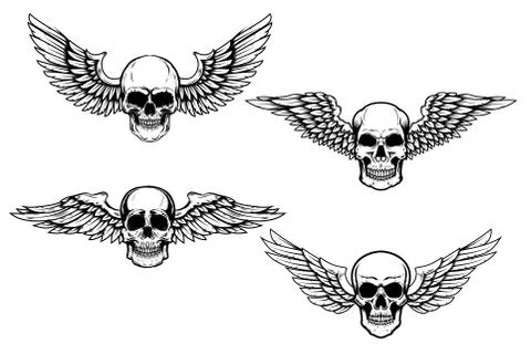 Set of illustrations of winged skull isolated on white background. Design ele 스톡 일러스트