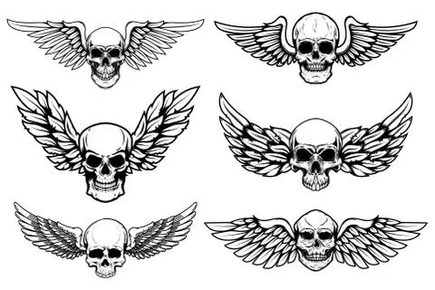 Set of illustrations of winged skull isolated on white background. Design ele Stock Illustration