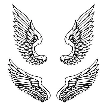 Set of illustrations of wings in engraving style. Gothic style wings tattoo.. Stock Illustration