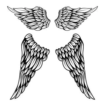 Set of illustrations of wings in engraving style. Gothic style wings tattoo.. Stock Illustration