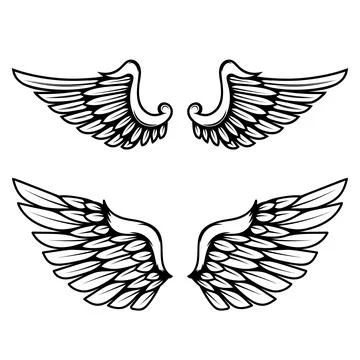 Set of illustrations of wings in engraving style. Gothic style wings tattoo.. 스톡 일러스트