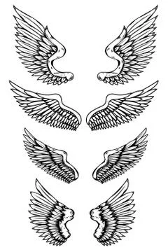 Set of illustrations of wings in tattoo style isolated on white background. D 스톡 일러스트