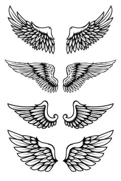 Set of illustrations of wings in tattoo style isolated on white background. D 스톡 일러스트