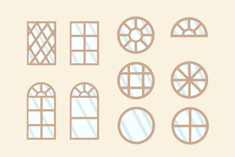 A set of illustrations of wooden window frames. Windows of various shapes, round Stock Illustration