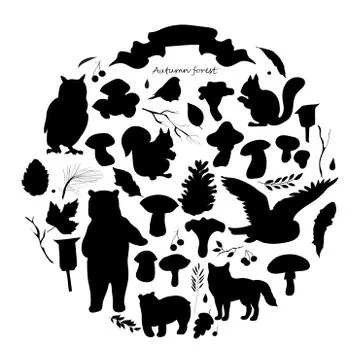 Set with the image of leaves, branches, berries, flowers, animals and birds, Stock Illustration