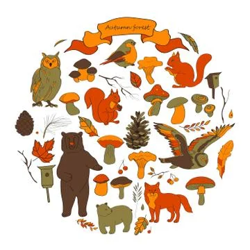Set with the image of leaves, branches, berries, flowers, animals and birds, Stock Illustration