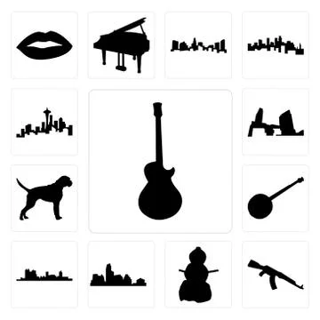 Set of image les paul, ak47, snowman, austin skyline, fort worth banjo, boxer Free Stock Illustration