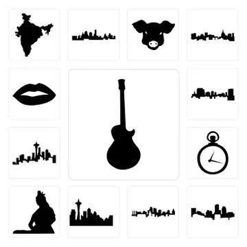Set of image les paul, boston skyline on white background, , kansas city skyl 무료 스톡 일러스트