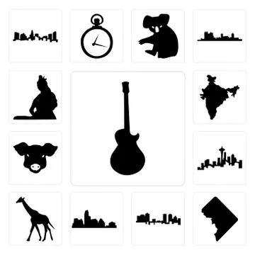 Set of image les paul, dc, fort worth skyline, austin giraffe, seattle skylin Selección de ilustraciones gratis