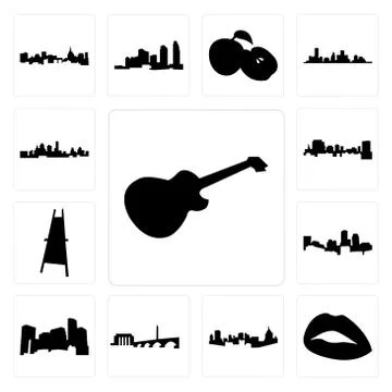 Set of image les paul, lips, pittsburgh skyline, dc minnesota, boston skyline Free Stock Illustration