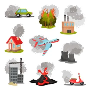 Set of images of air pollution sources. Vector illustration. Stock Illustration