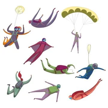 Set of images of different skydiver. Vector illustration on white background. Illustrazione stock
