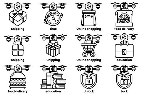 A set of images of drones with various items on them, including a book, a piz Stock Illustration
