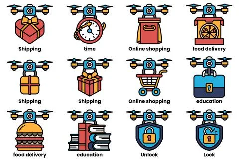 A set of images of drones with various items on them, including a book, a piz Stock Illustration