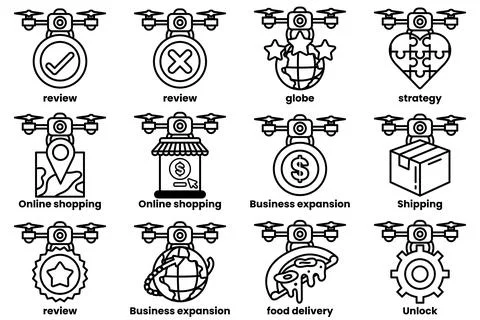 A set of images of drones with various items on them, including a book, a piz Illustrazione stock