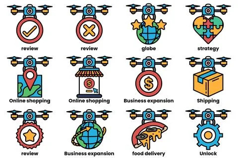 A set of images of drones with various items on them, including a book, a piz Stock Illustration