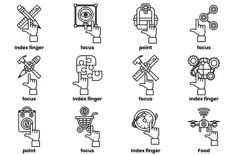 Set of images of hands pointing at various things in a line drawing style Stock Illustration