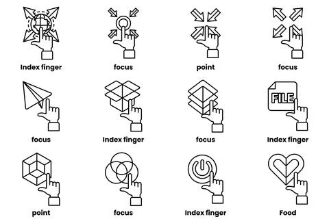 Set of images of hands pointing at various things in a line drawing style Illustrazione stock
