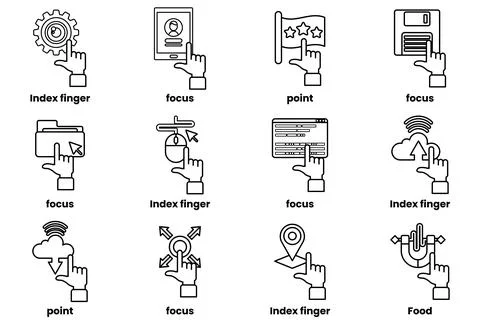 Set of images of hands pointing at various things in a line drawing style Stock Illustration