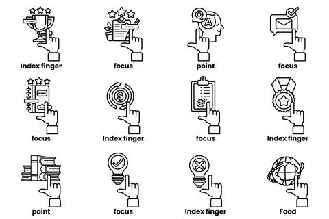 Set of images of hands pointing at various things in a line drawing style Stock Illustration