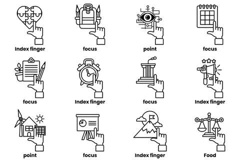 Set of images of hands pointing at various things in a line drawing style Stock Illustration